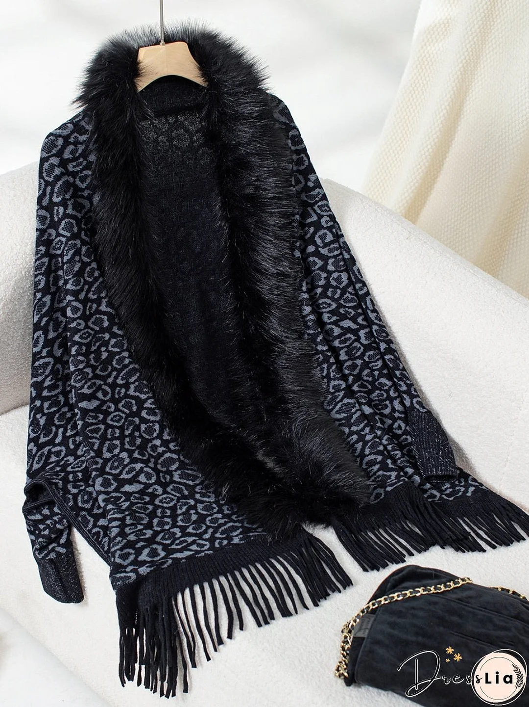 Fringe Leopard Open Front Long Sleeve Poncho