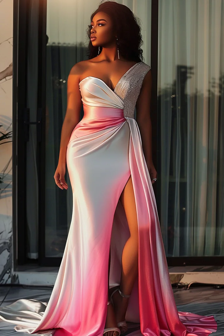 Xpluswear Design Plus Size Formal Pink Gradient One Shoulder Drilling Fold Satin Maxi Dresses [Pre-Order]