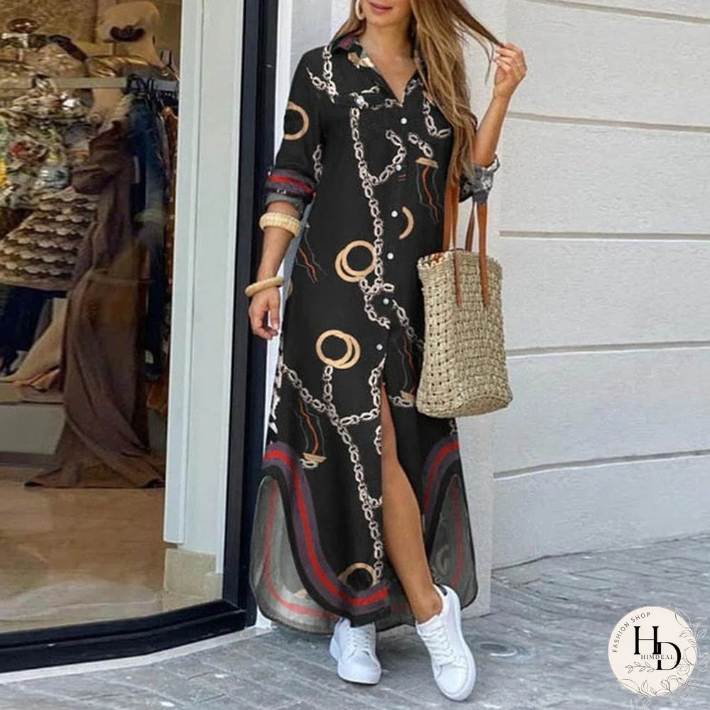 Fashion Women Long Sleeve Shirt Dress Autumn  Printed Ol Long Dresses Laides Turn-Down Collar Loose Sundress Party Dresses