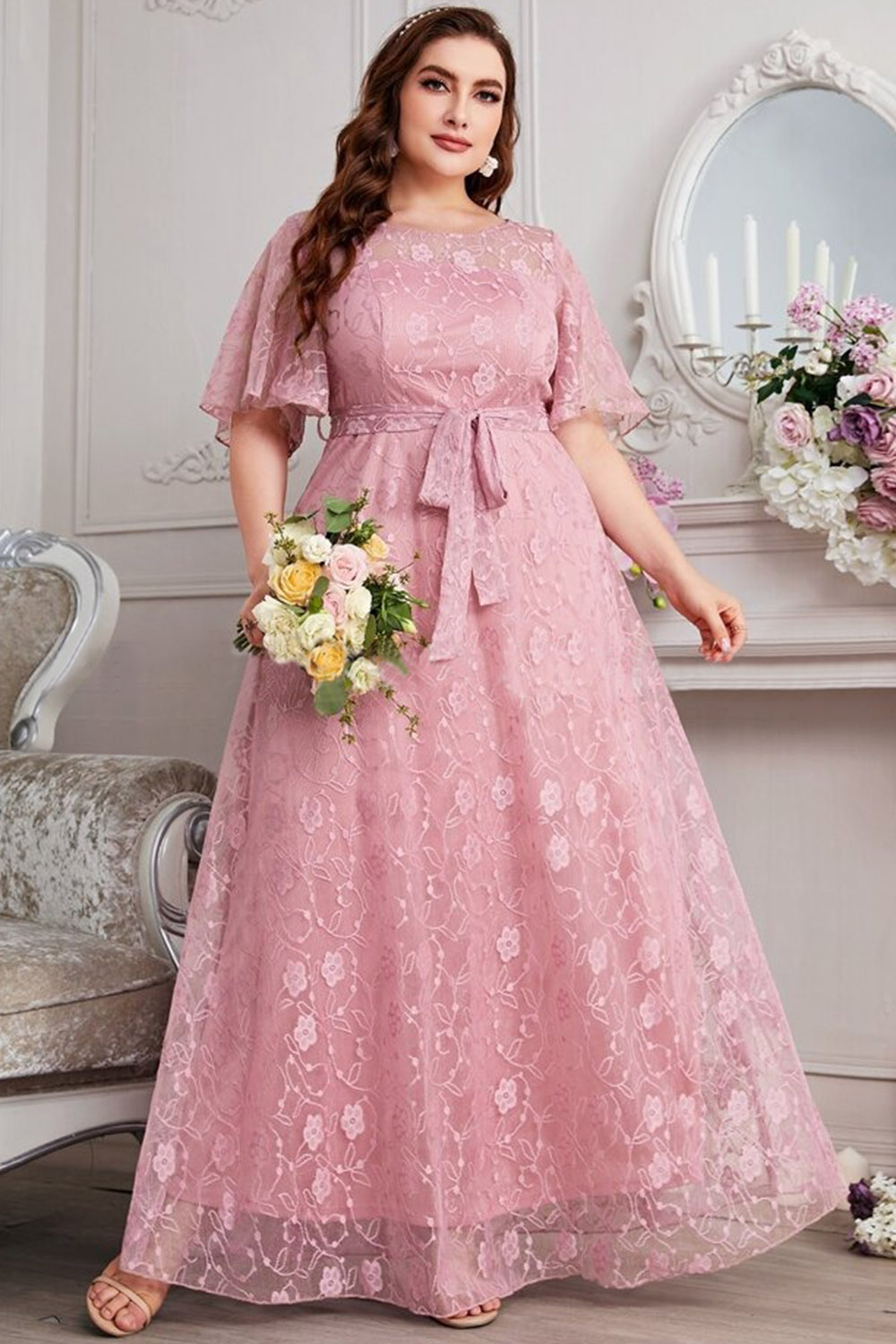 Plus Size Wedding Guest Pink Chiffon Lace Flutter Sleeve Lace-Up Maxi Dress