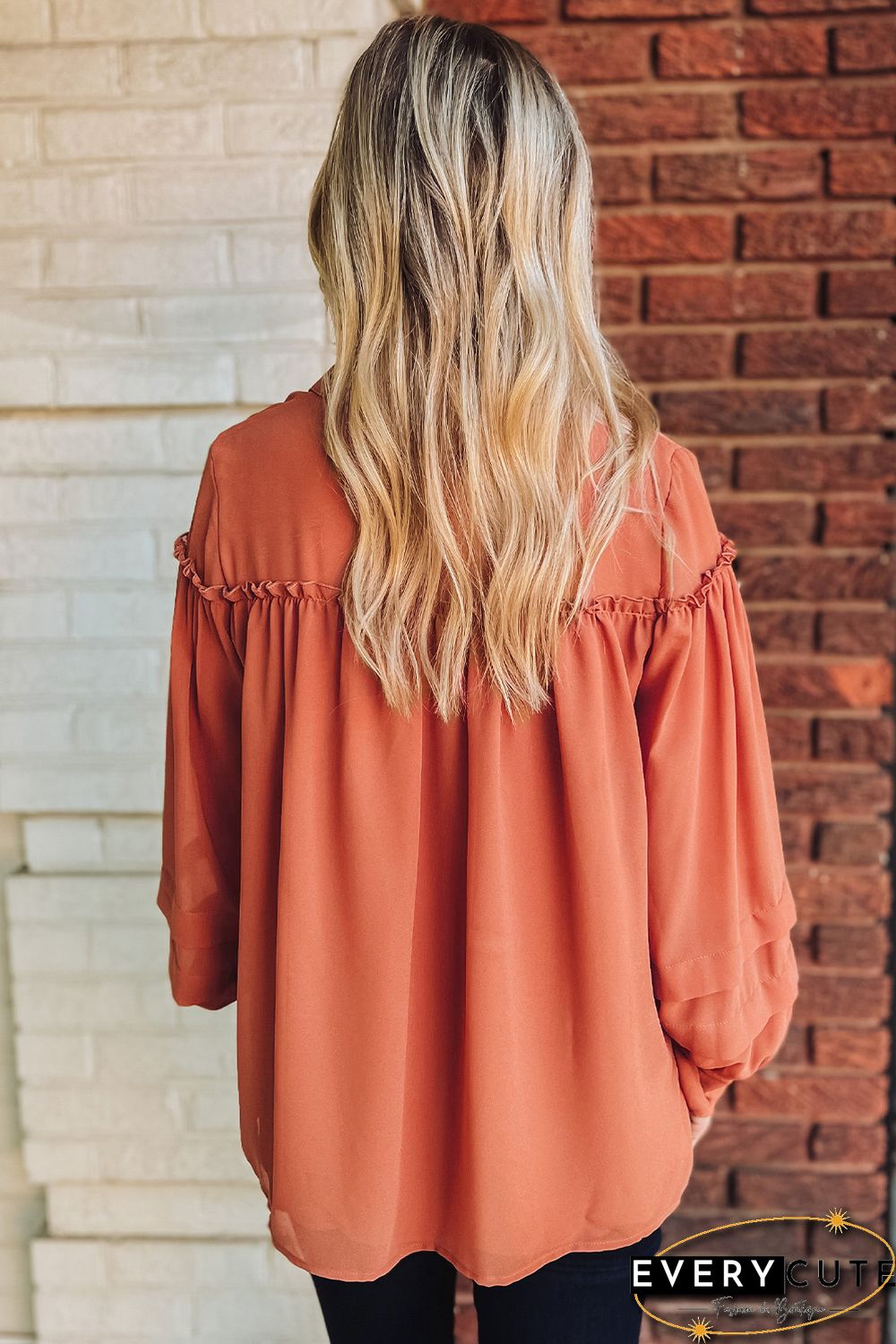 Orange Frill Trim Creasy Puff Sleeve Shirt
