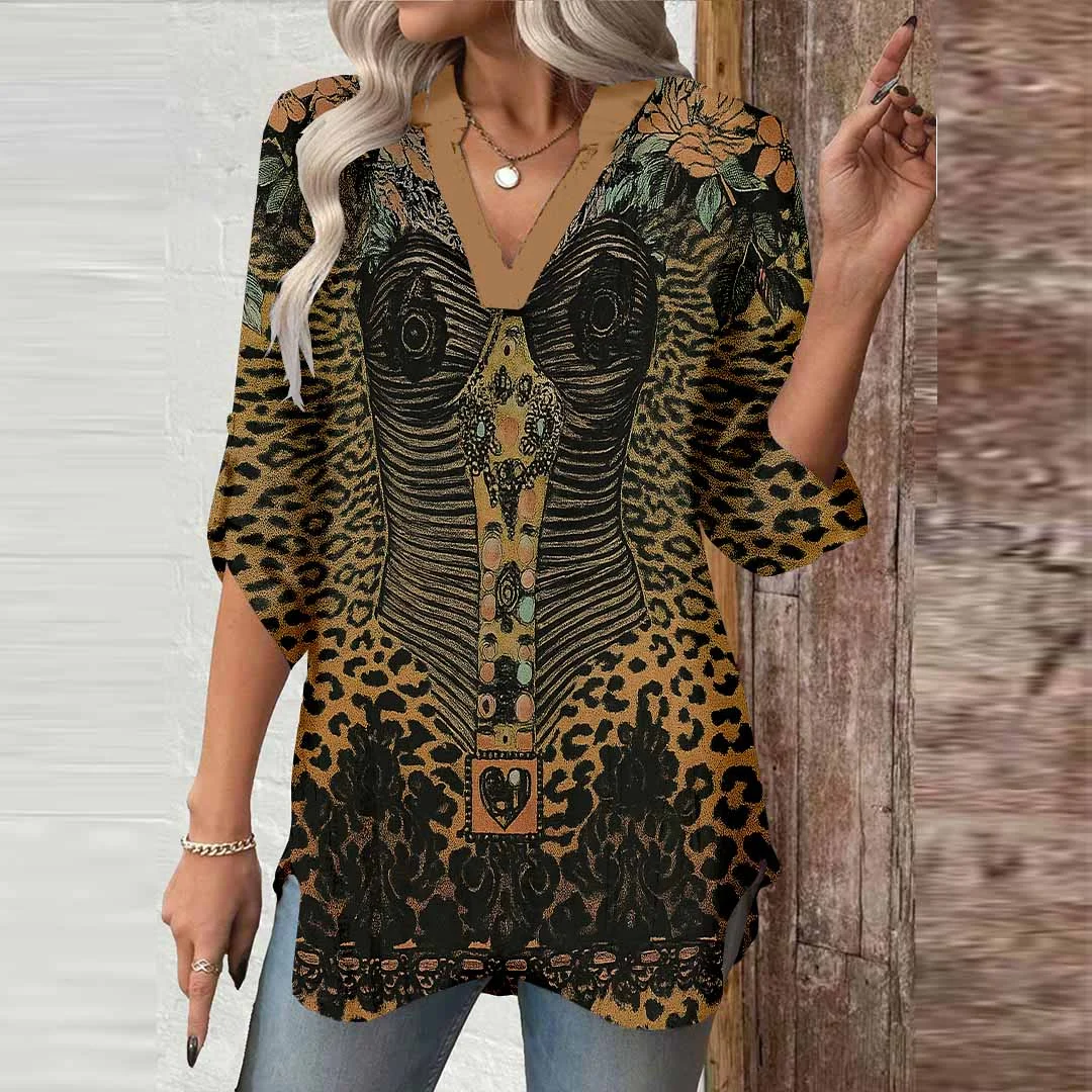 Women Bohemian, Black, Brown DZGA0471 3/4 Sleeve V-neck Printed Graphic Button Tops