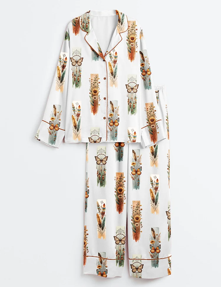 Women&rsquo;s Boho Wildflowers Western Feathers Flowers Butterfly Floral Print Long Sleeve Satin Pajama Set