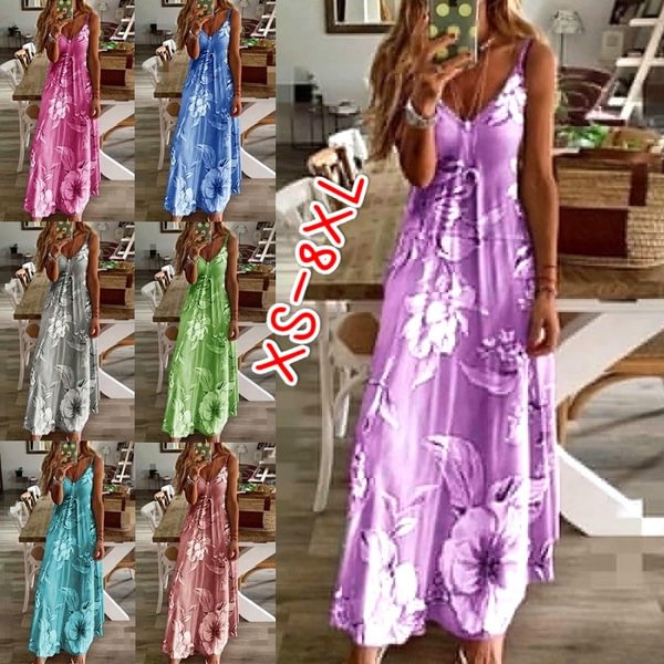 Summer Dresses Fashion Clothes Women's Plus Size Dresses Casual V-neck Sleeveless Maxi Dresses Ladies L Loose Cotton Dress Party Wear Floral Printed Halter Beach Dress - Life is Beautiful for You - SheChoic