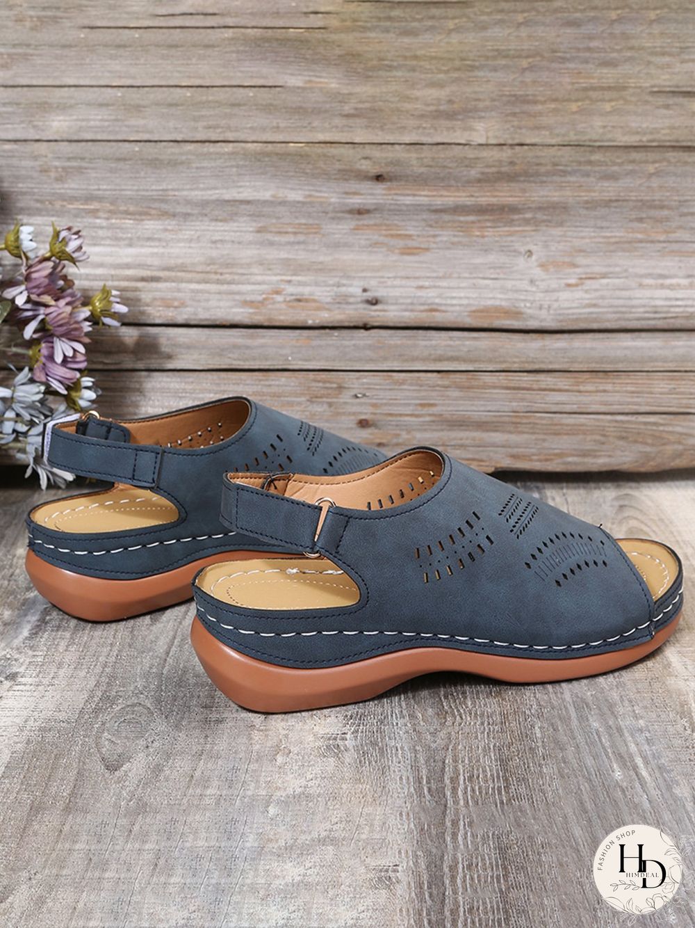 Cutout Velcro Vintage Casual Velcro Wedge Sandals