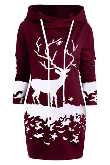 Long Sleeve Drawstring Reindeer Christmas Hoodie Dress Ruby-elleschic