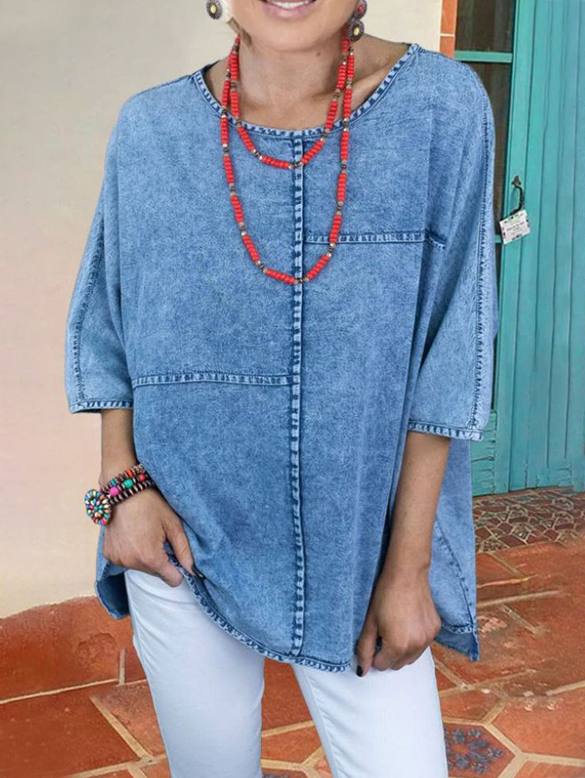 Casual Plain Half Sleeve Spliced Denim Loose Shirt