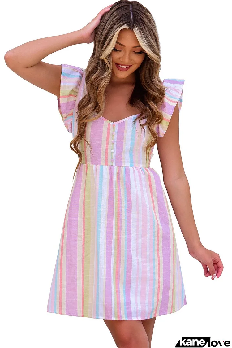 Striped Button Sweetheart Flutter Sleeve Dress