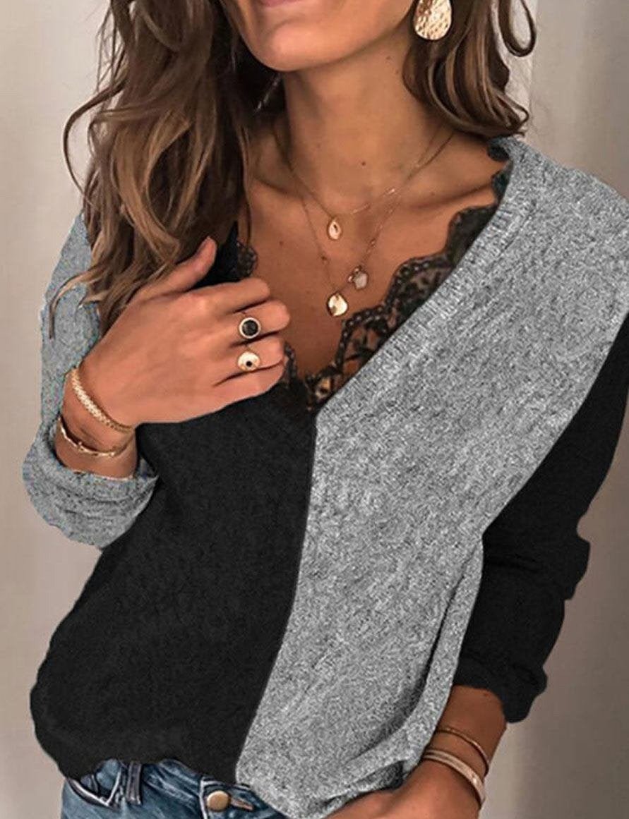 V-Neck Lace Teaching Casual Sweater Pullover