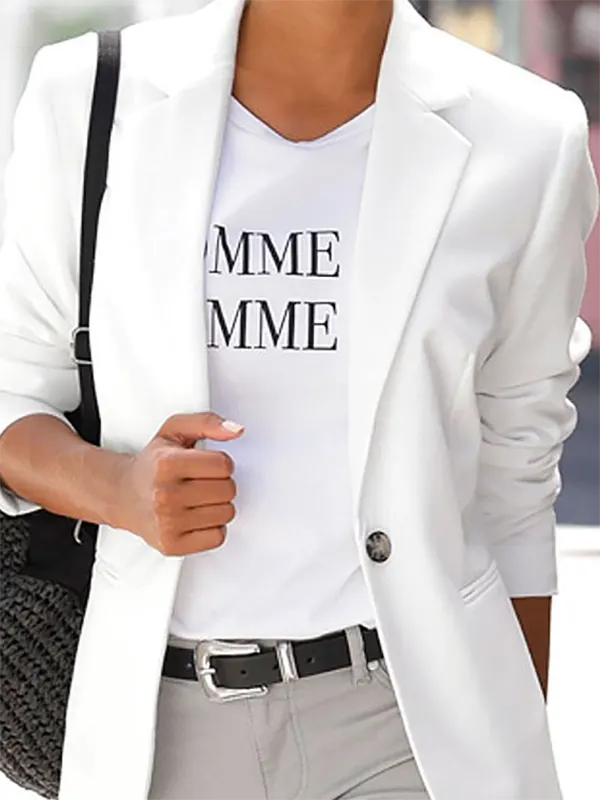Casual Plain Autumn Polyester Natural Daily Standard Lapel Collar Regular Blazer for Women