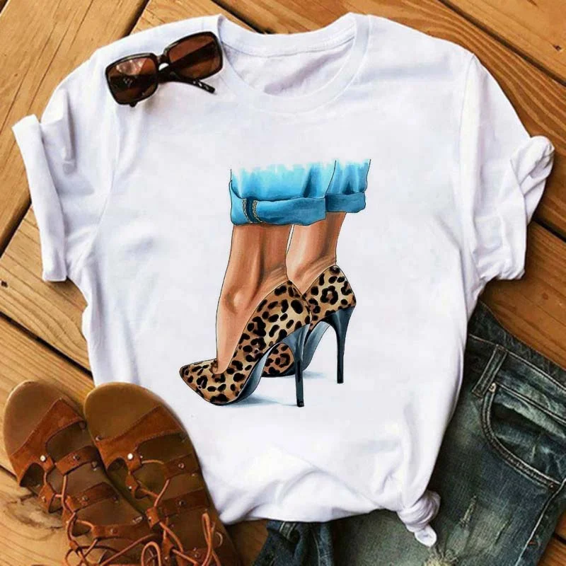 Cute Cat In Red High-heeled Printed Women T Shirts Casual Short Sleeve O-neck T-shirt Christmas Tshirts Tees Female Tops