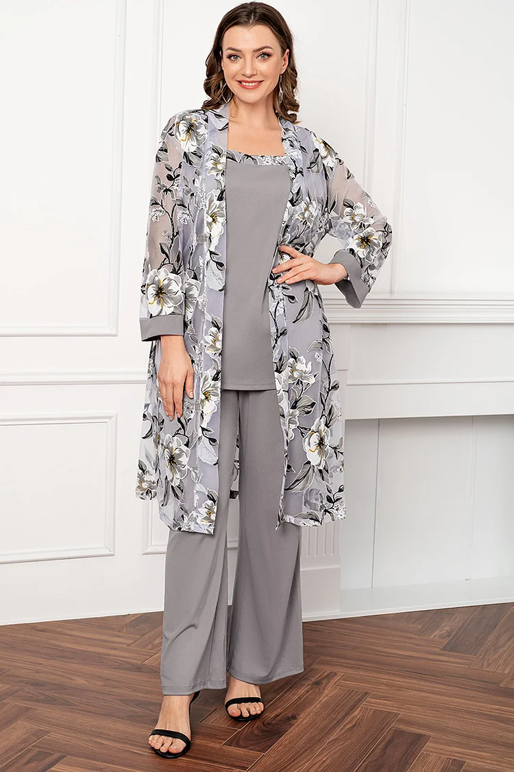 Flycurvy Plus Size Mother Of The Bride Grey Chiffon Mesh Floral Print Round Neck Stitching Three Piece Pant Suit  Flycurvy [product_label]