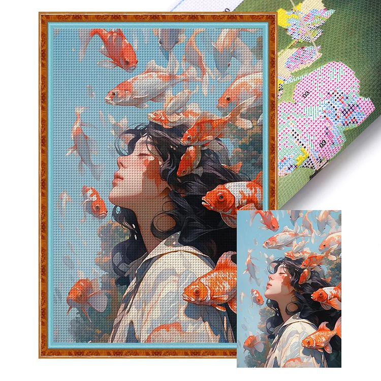 Girl And Fish 11CT Stamped Cross Stitch 50*75CM