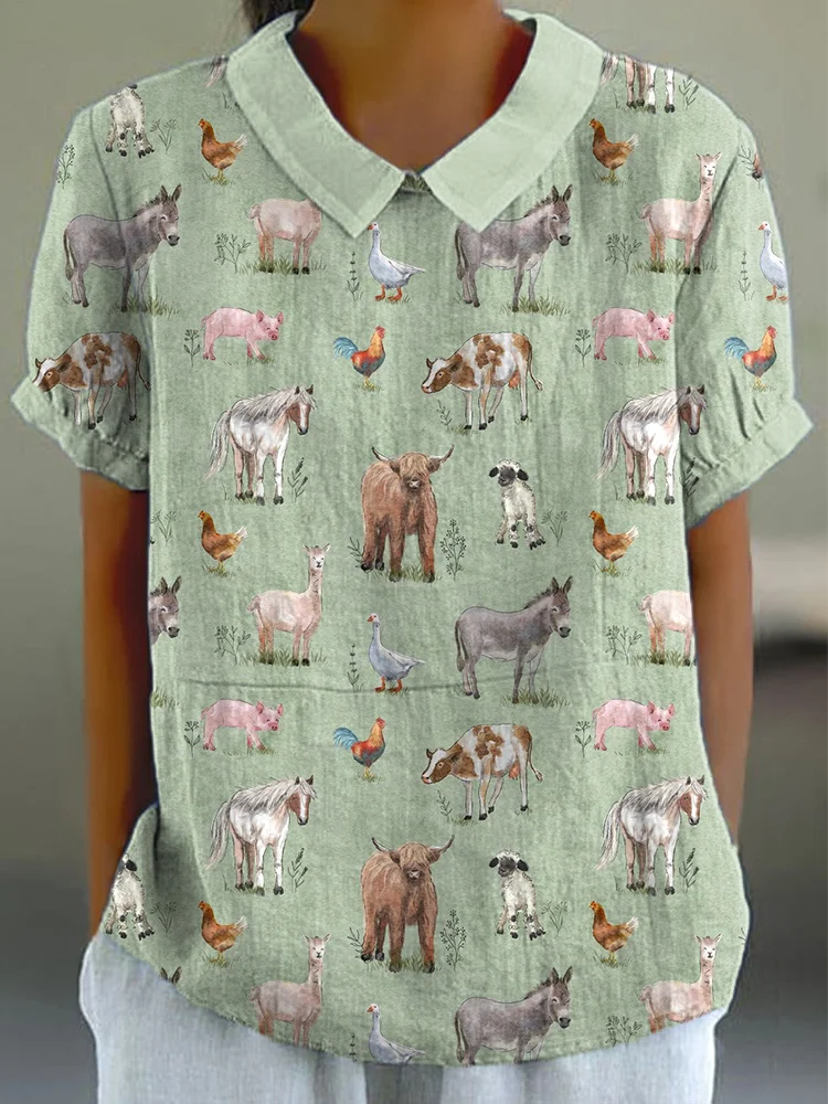 Farm Animals Print Linen Blend Casual Shirt