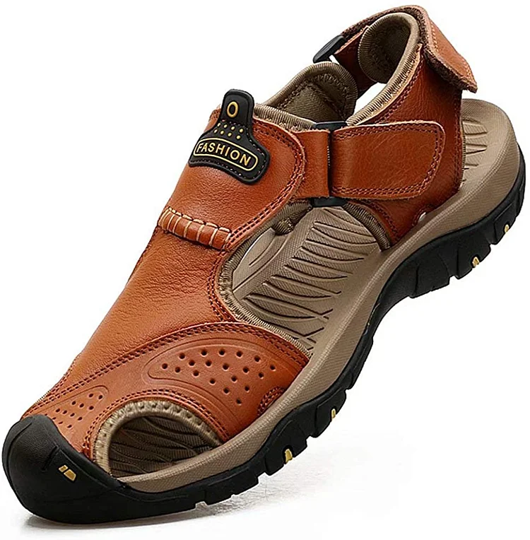 Men's Leather Sandals Outdoor Hiking Sandals Waterproof Athletic Sports Sandals Fisherman's Beach Shoes Closed Toe Water Sandals Radinnoo.com