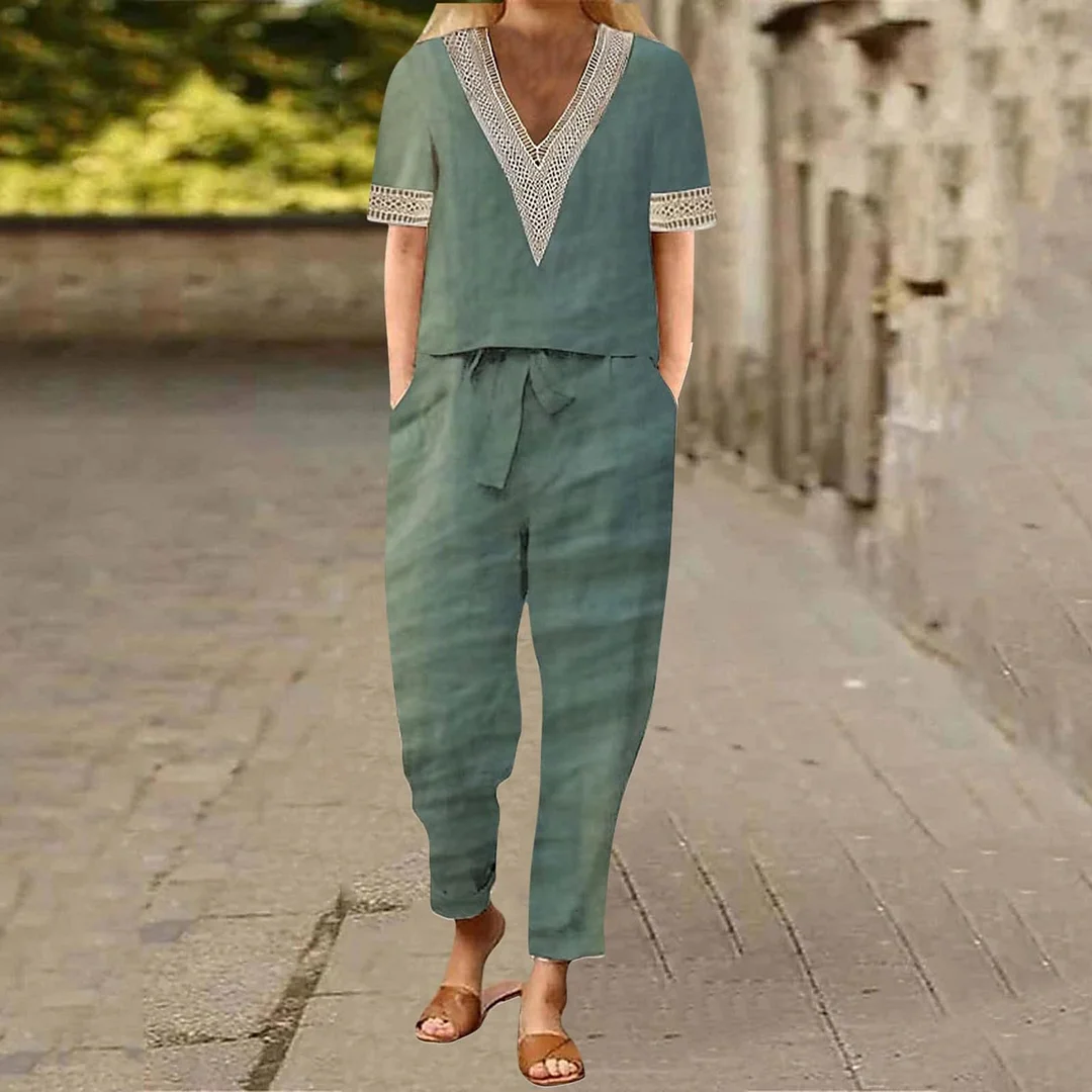 Women's 2 Piece Linen Set Short Sleeve V Neck Tops and Pants Casual Matching Lounge Set