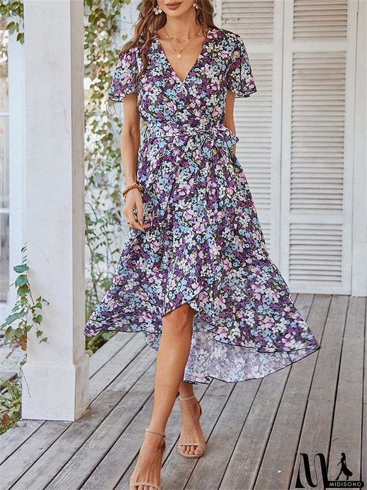 MidiSono - Sexy V-Neck Floral Printed Irregular Hem Dresses