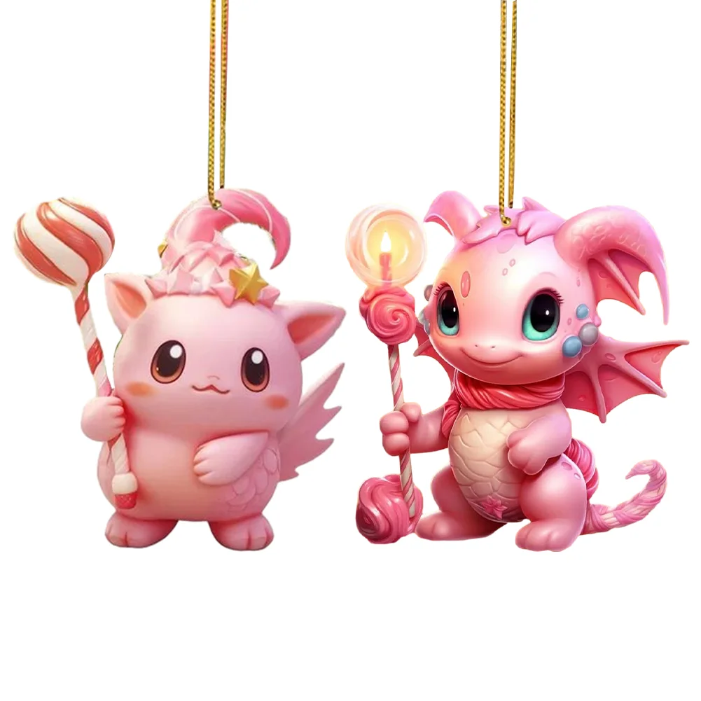 2 PCS Acrylic Pink Dinosaur 2D Flat Xmas Hanging Pendant New Year Birthday Gifts