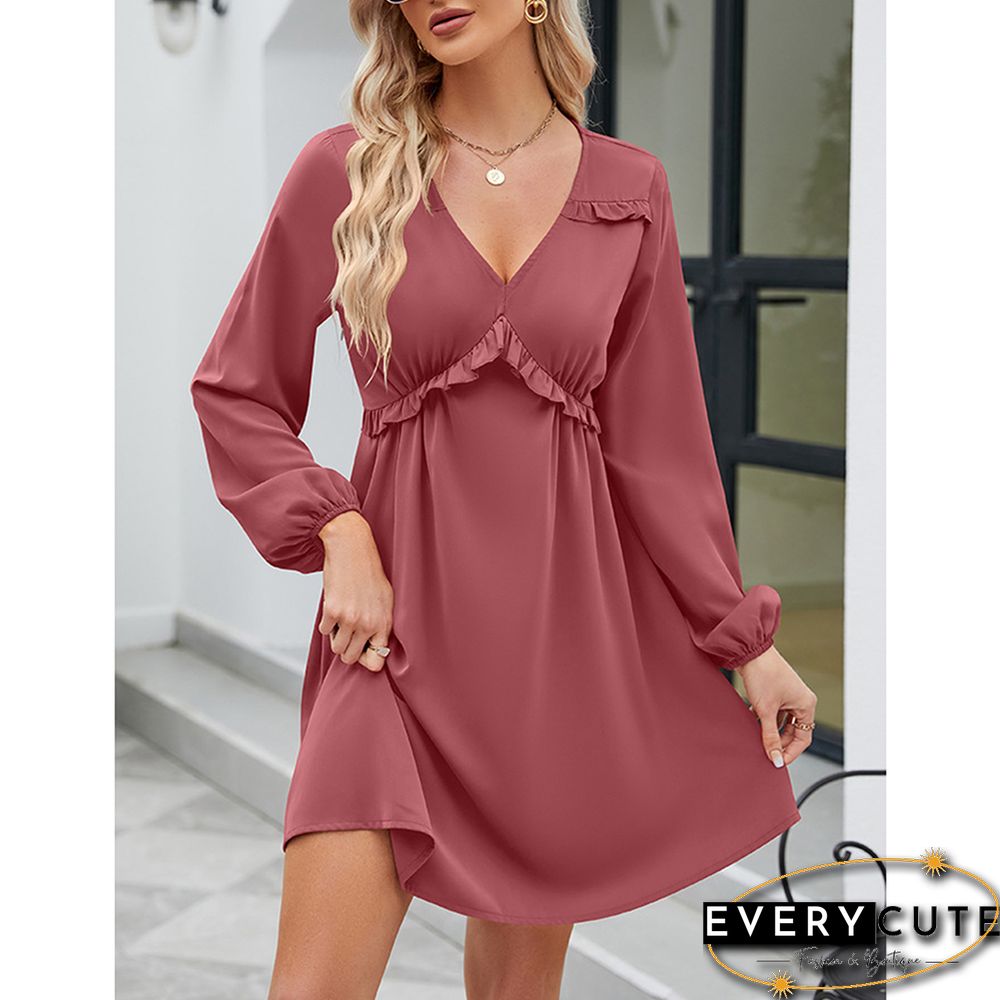 Pink V Neck Ruffle Detail Long Sleeve Dress