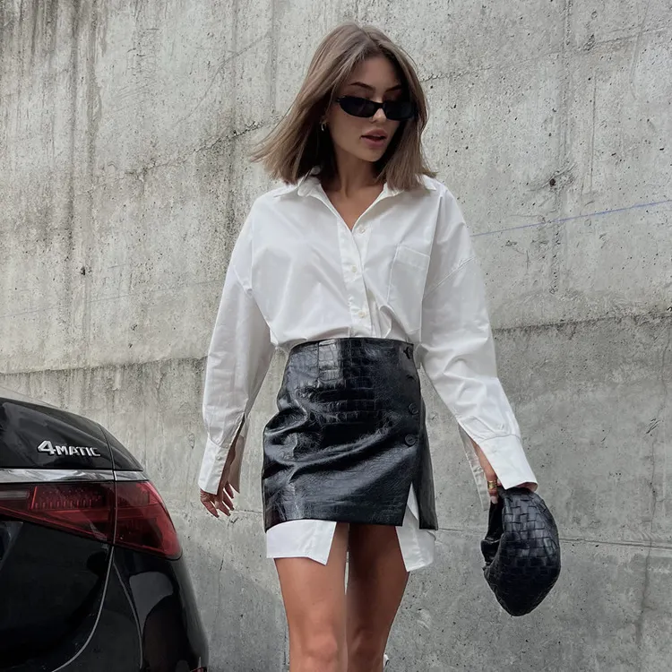 Churchf Churchf New Fashion Women's Spring Wear A Simple Loose White Shirt Waist Seal Short Skirt Suit