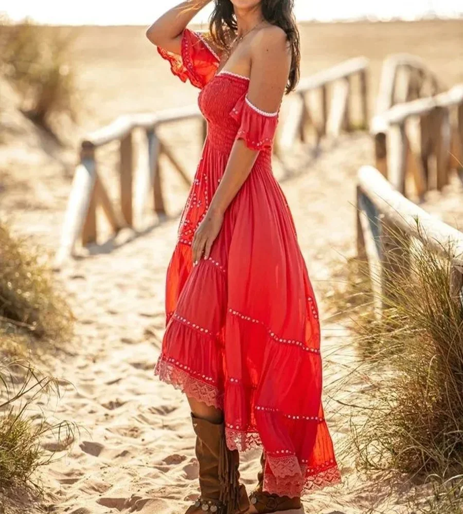 Colourp New Women's Vintage Midi Dress Slash Neck High Waist Elegant Summer Printing Dress Flare Sleeve Irregular Chic Vestidos