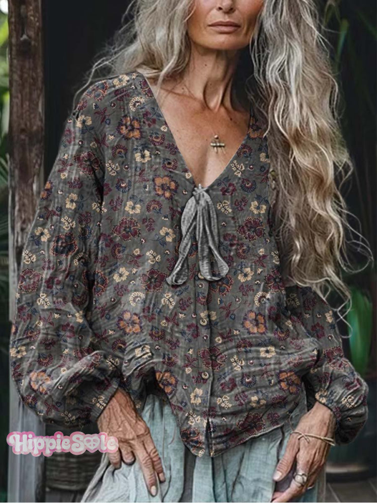 Ladies V-Neck Lace-Up Small Floral Print Casual Long Sleeve Comfortable Cotton Shirt Multicolor / S