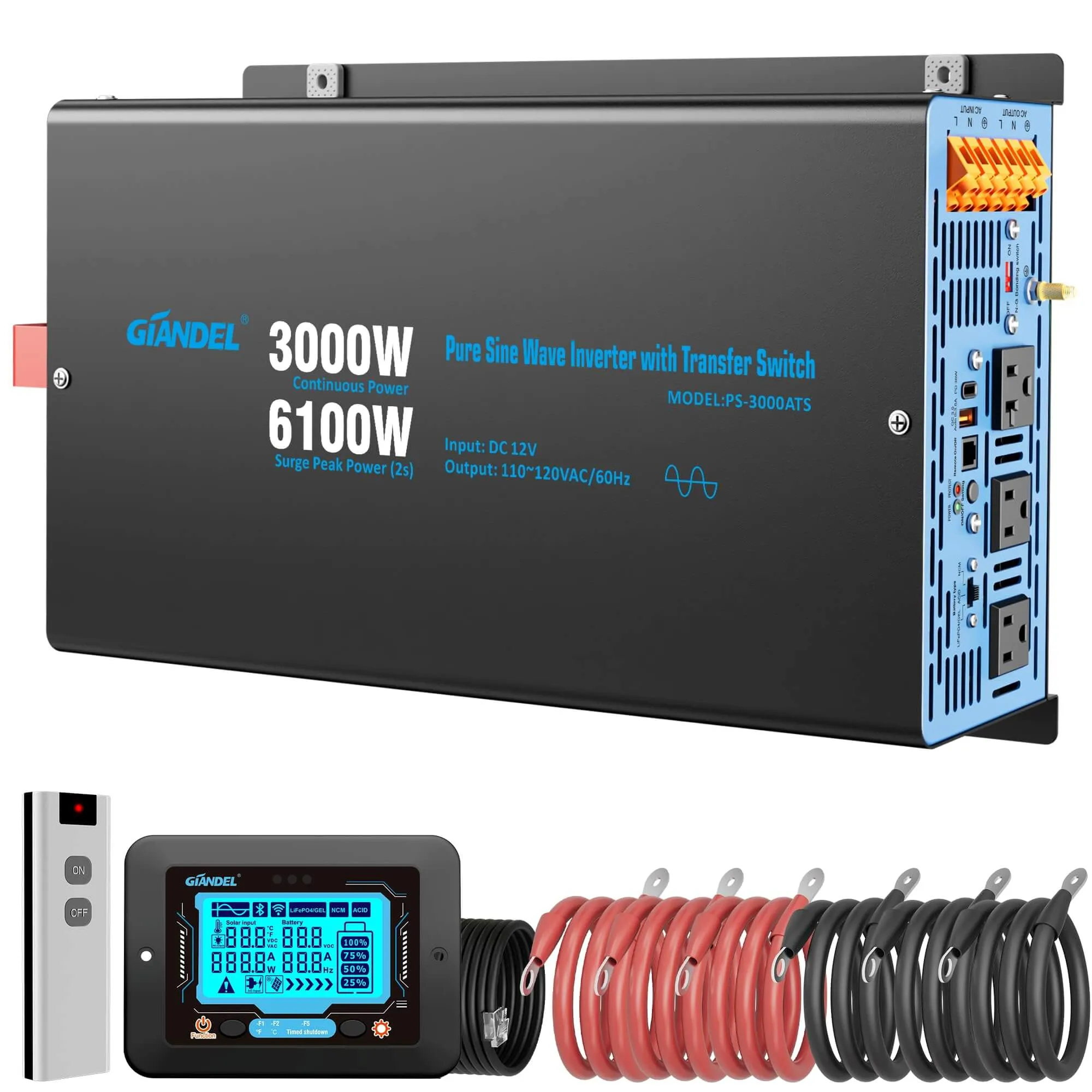3000W Pure Sine Wave Inverter 12V to 120V AC for RV Solar