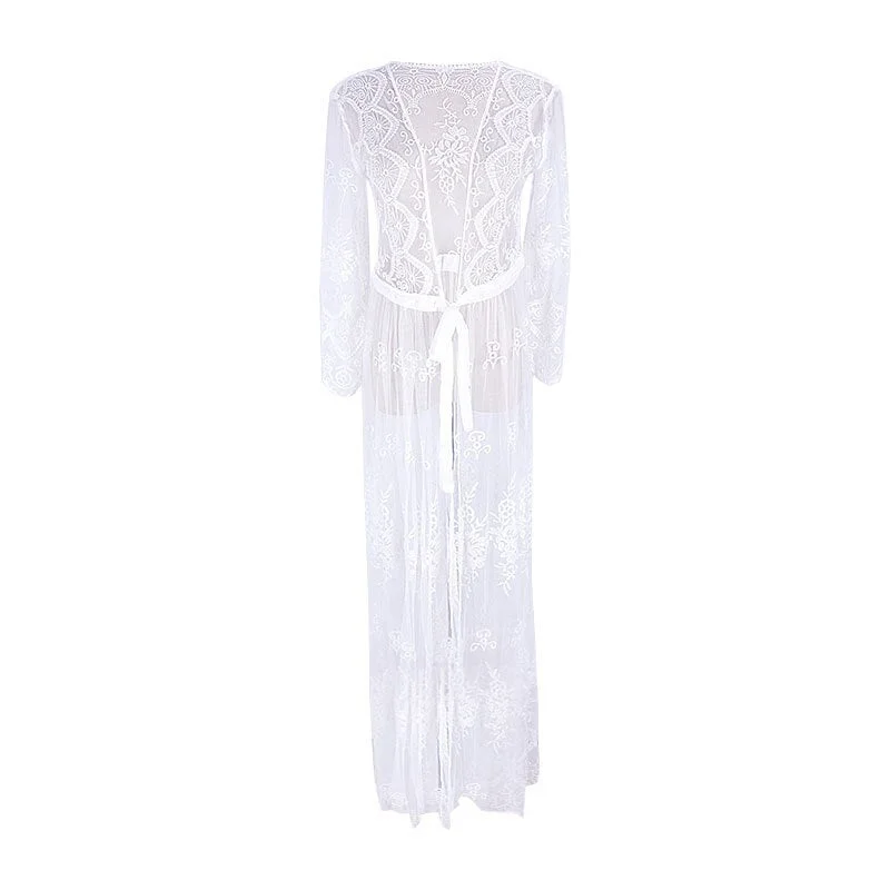 Fitshinling Bohemian Lace Beach Cover Up Swimwear Sheer Sexy Hot Summer Long Cardigan Bikini Outing Holiday White Kimono 2021