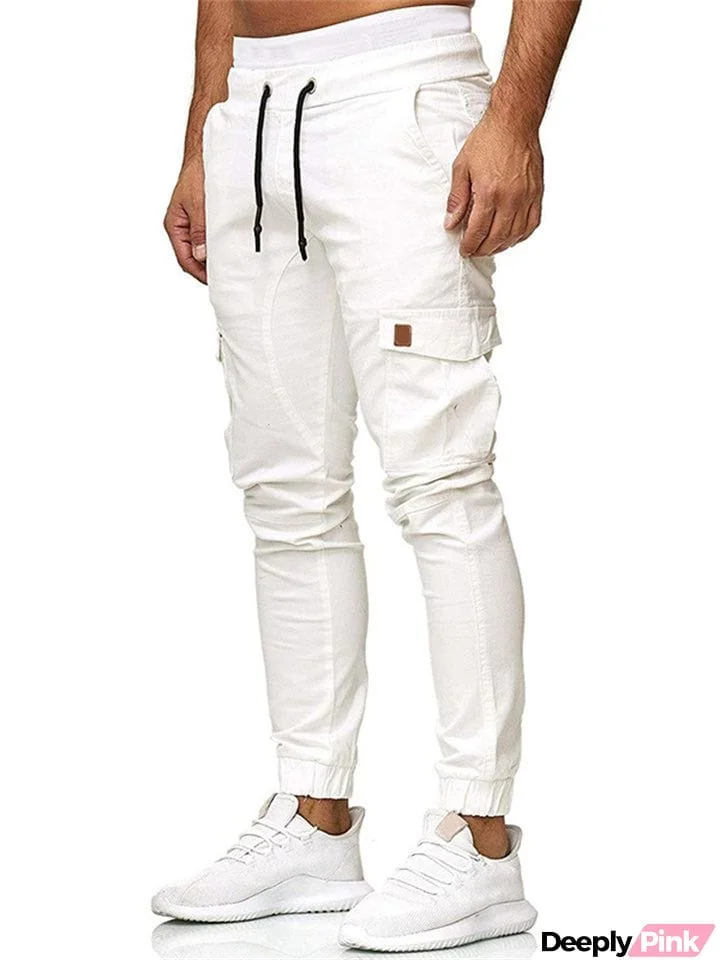 Men's Sports Slim Fit Drawstring Multi Pockets Trousers in Summer