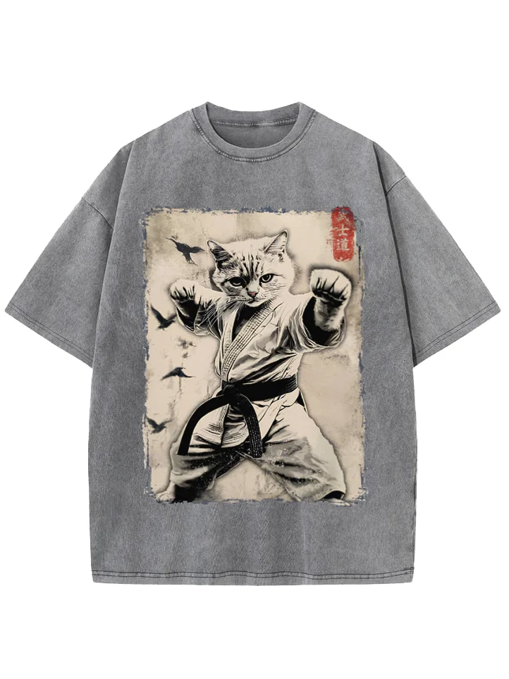 Men's Retro Japanese Bushido Cat Print Cotton Washed T-Shirt