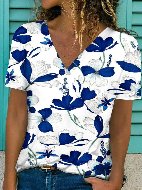 Women's V Neck Short Sleeve Floral Print Top Shirt