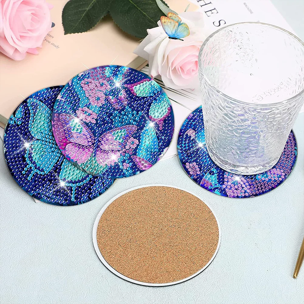 8pcs DIY Purple Butterfly Diamond Painting Coasters Kits Acrylic Full Drill Coaster Single Side Diamond