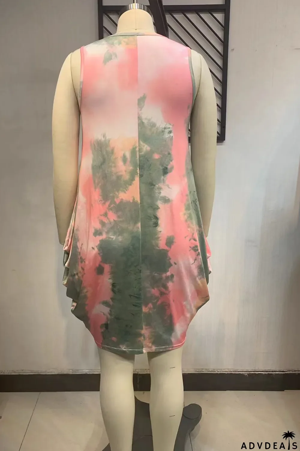 Pink Fashion Sexy Plus Size Print Tie Dye Asymmetrical O Neck Vest Dress