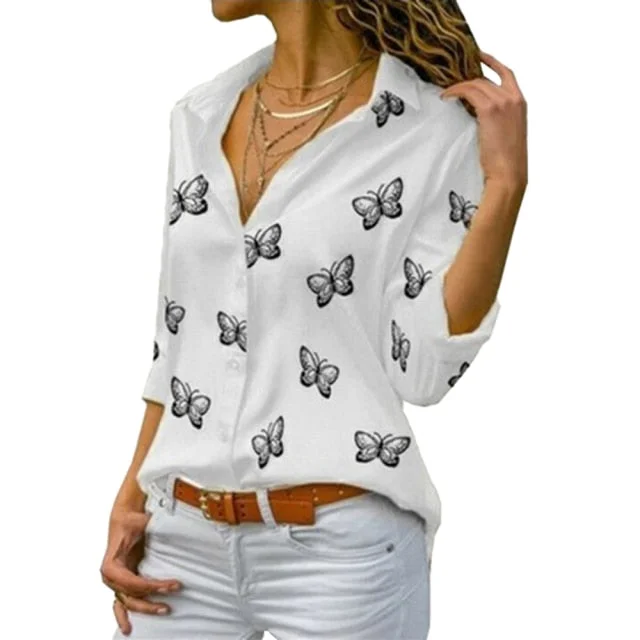 Casual Long Sleeve V Neck Ladies Loose Blouses