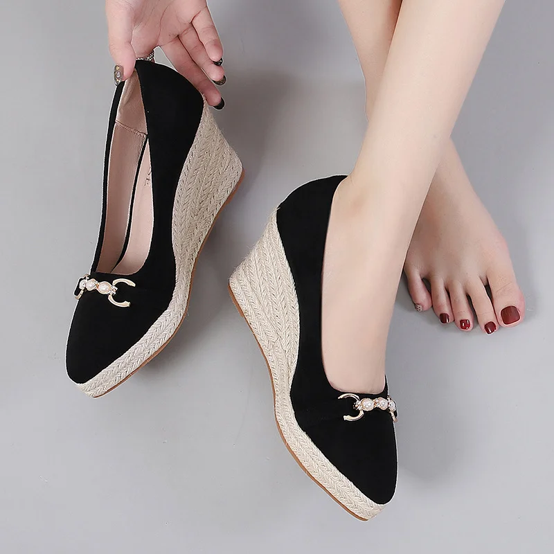 Wongn Wongn And Autumn New Slope Heel Pointed Mouth Thick Bottom Suede Pearl Decoration Grass Hemp Rope High Heel Single Shoes Women
