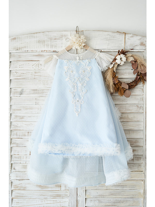Oknass A-Line Cap Sleeve Jewel Neck Flower Girl Dresses Tulle With Pearls  Appliques