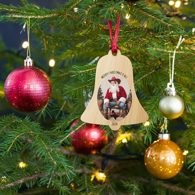 Texas Santa Wooden Ornaments (Available in Oval, Bell, & Tree)