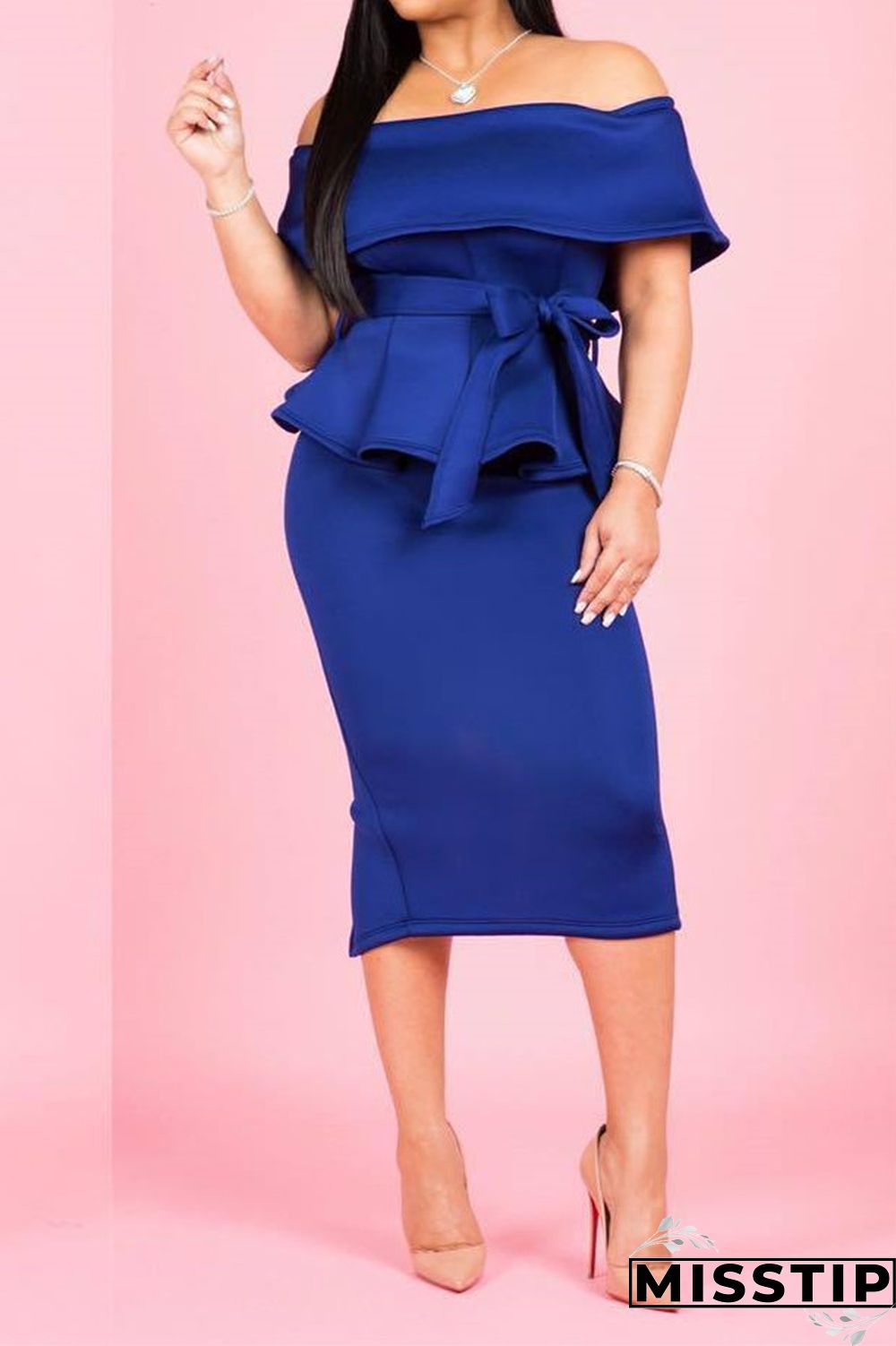 Black casual fashion off the shoulder sleeveless one word collar asymmetrical mid-calf