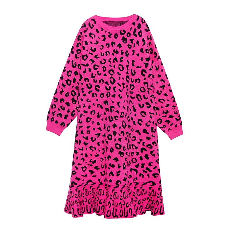 Street Loose O-neck Solid Color Leopard Printed Ruffle Hem Long Sleeve Knitted Dress