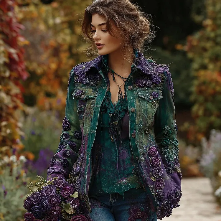 Women's Purple Rose Embroidery Pattern Dyed Washed Denim Jacket