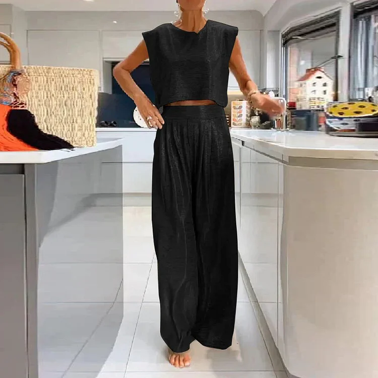 Women's Casual Glossy Vest and Wide Leg Pants Two-piece Set