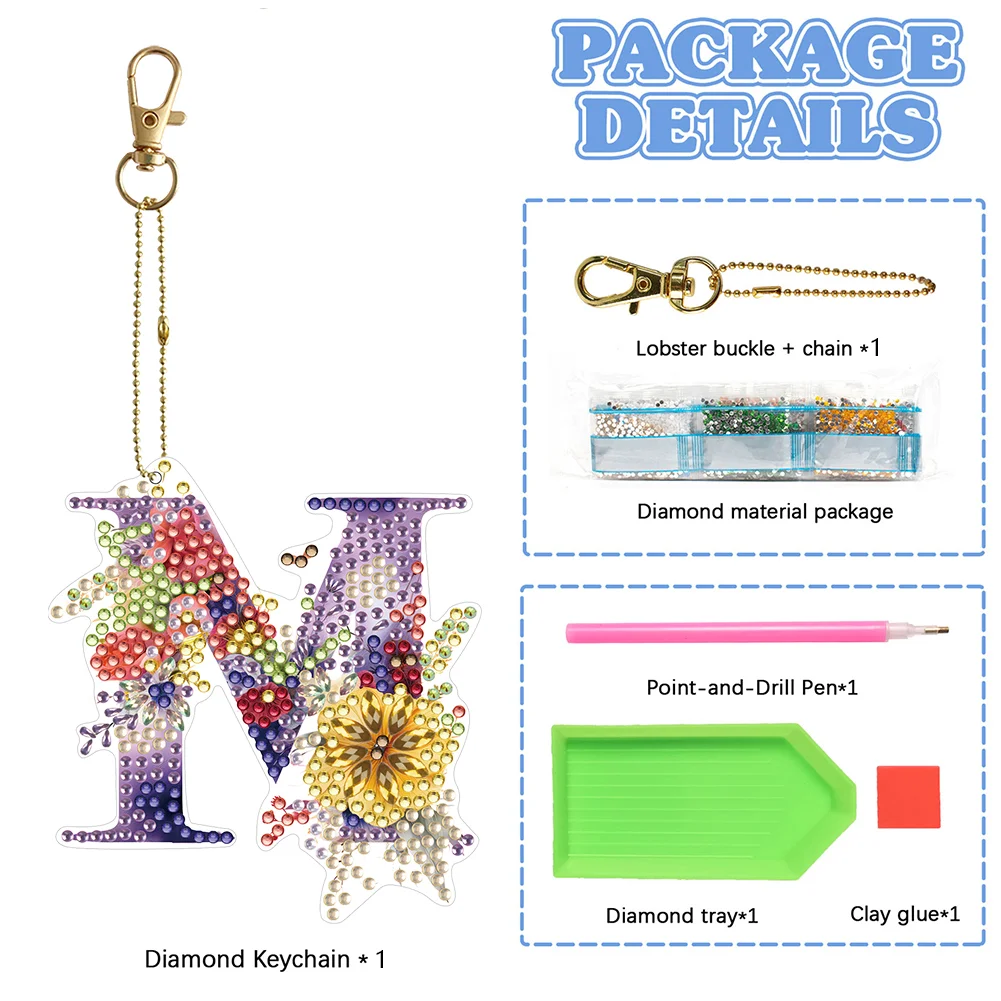 DIY M Diamond Art Key Rings Lettter Keychain Supplies Gift for Kids(Double Sided)