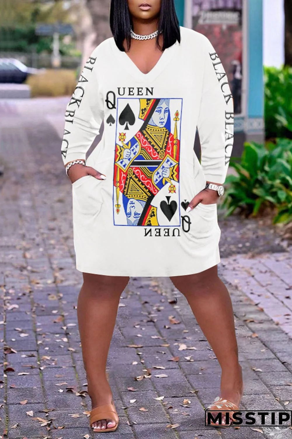 Dark Brown Casual Print Patchwork V Neck Long Sleeve Dresses