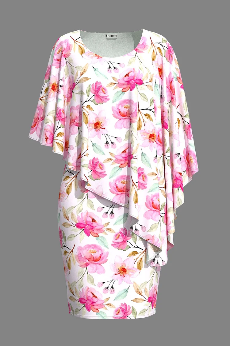 Flycurvy Plus Size Formal Pink Floral Print Cape Sleeve Bodycon Midi Dress  Flycurvy [product_label]