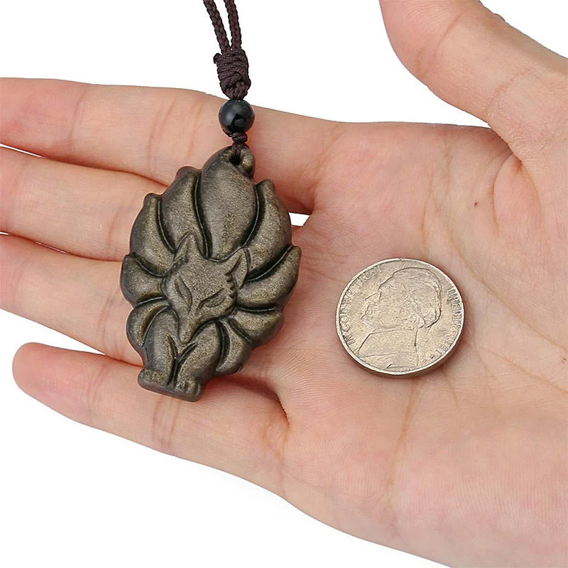 Natural Fluorite Gold Sheen Obsidian Fox Pendant Protection Necklace