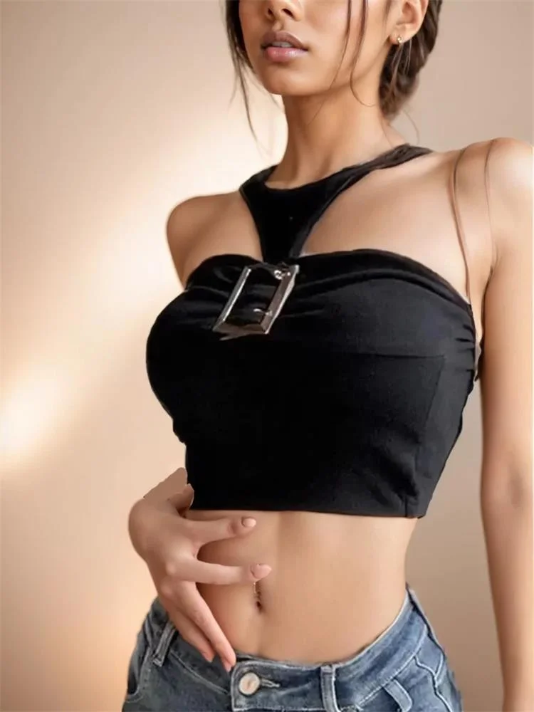 Sexy Tops Women Sleeveless Short Crop Top Ladies Vest Summer Casual Tank Top Metal Buckle Tube Camisole Female Black Y2k Clothin