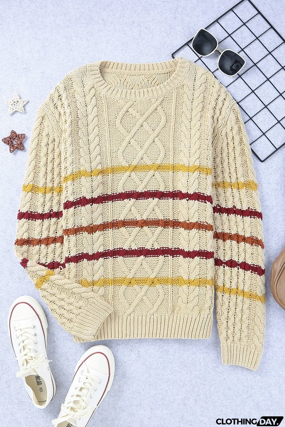 Striped Color Block Textured Knit Pullover Sweater