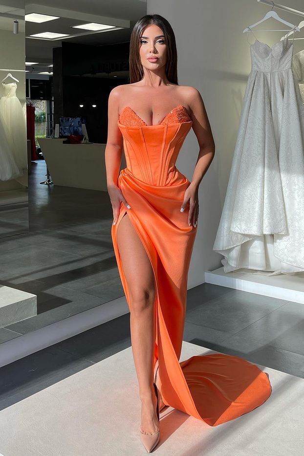 Orange ärmelloses V-Ausschnitt Meerjungfrau Perlen Ballkleid mit seitlichem Schlitz ED0237 Lunass