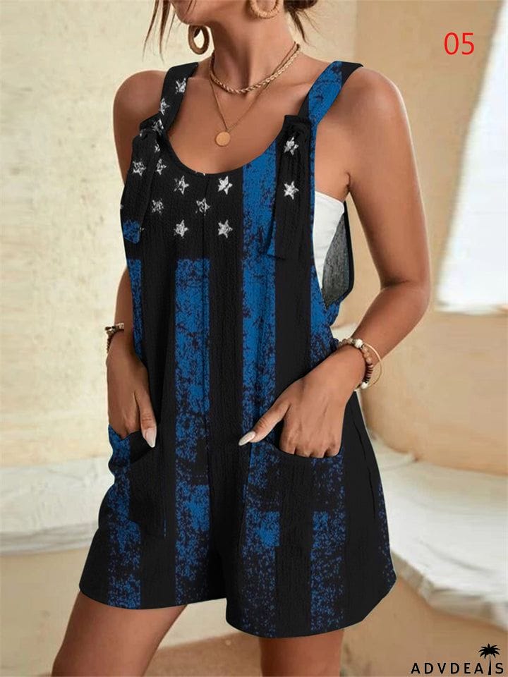 Lady Temperament Star Flag Print Sleeveless Jumpsuits