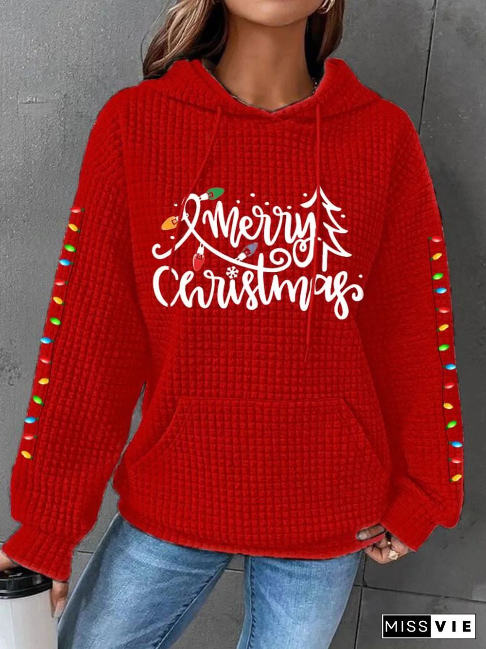 Women's Merry Christmas Christmas Tree Casual Waffle Hoodie